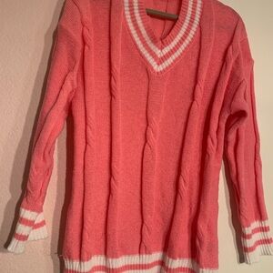 Pink V-Neck Cable Knit Sweater